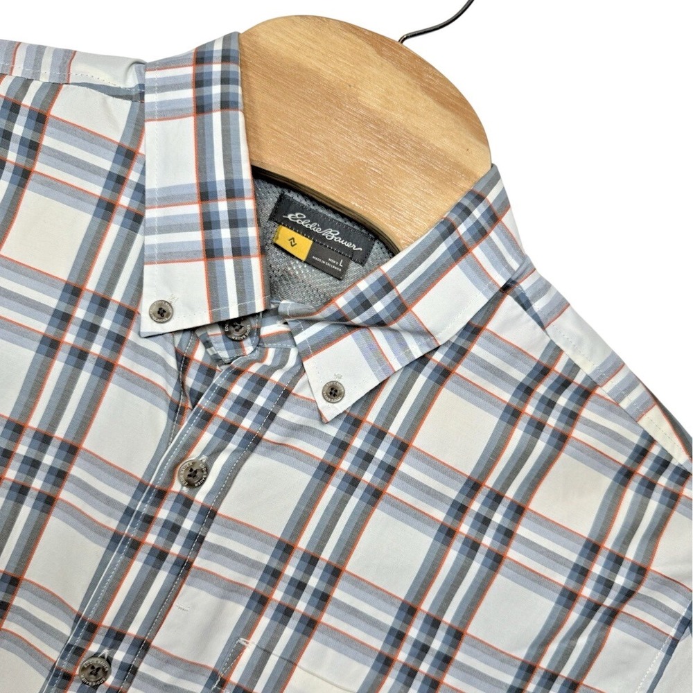 Eddie Bauer Travex Men's L Gray Orange White Plaid Outdoor Hiking L/S Shirt‎